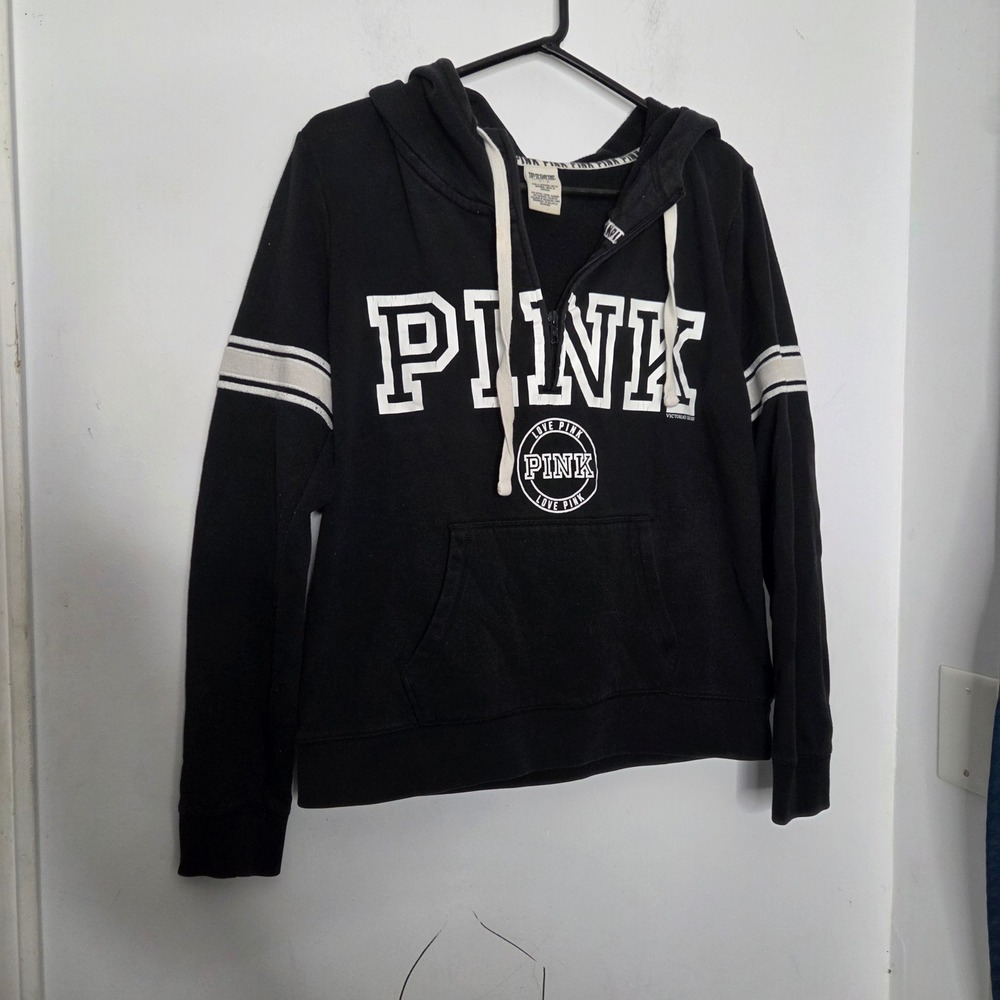 Pink Victoria's Secret Black Quarter Zip Hoodie Varsity Stripe Graphic Large